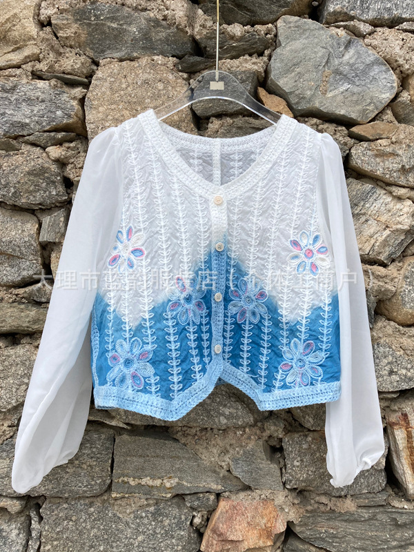 Μπλούζα από σιφόν με tie-dye και κέντημα, μακριά μανίκια, V-λαιμό, UV προστασία, ελαφρύ στυλ cardigan