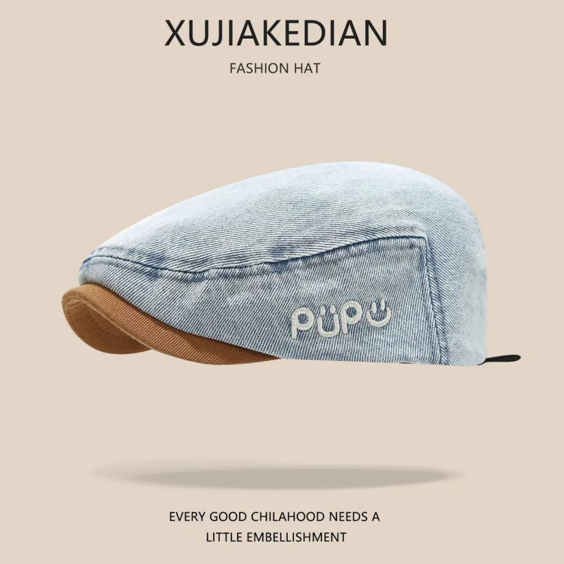 Βρεφικό καπέλο από denim για άνοιξη-φθινόπωρο, κορεατικού στυλ καπέλο με αντίστροφη γραμμή, ρετρό καπελάκι για μικρά παιδιά