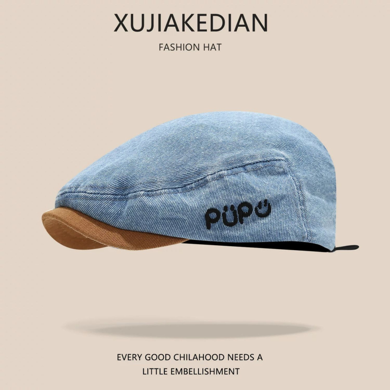 Βρεφικό καπέλο από denim για άνοιξη-φθινόπωρο, κορεατικού στυλ καπέλο με αντίστροφη γραμμή, ρετρό καπελάκι για μικρά παιδιά