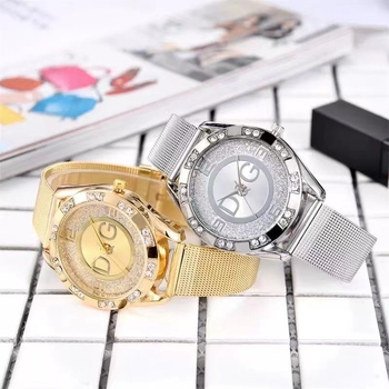 Γυναικείο ρολόι Quartz με εξωτερικό δαχτυλίδι διπλού διαμαντιού, καντράν με υφή άμμου διαμαντιού και μεταλλικό πλέγμα από ανοξείδωτο ατσάλι