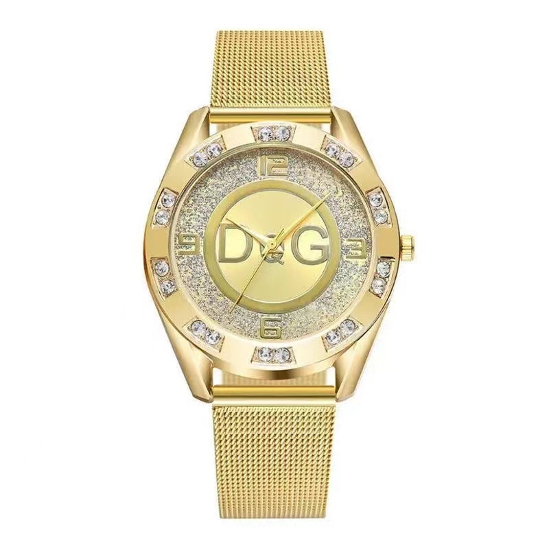 Γυναικείο ρολόι Quartz με εξωτερικό δαχτυλίδι διπλού διαμαντιού, καντράν με υφή άμμου διαμαντιού και μεταλλικό πλέγμα από ανοξείδωτο ατσάλι