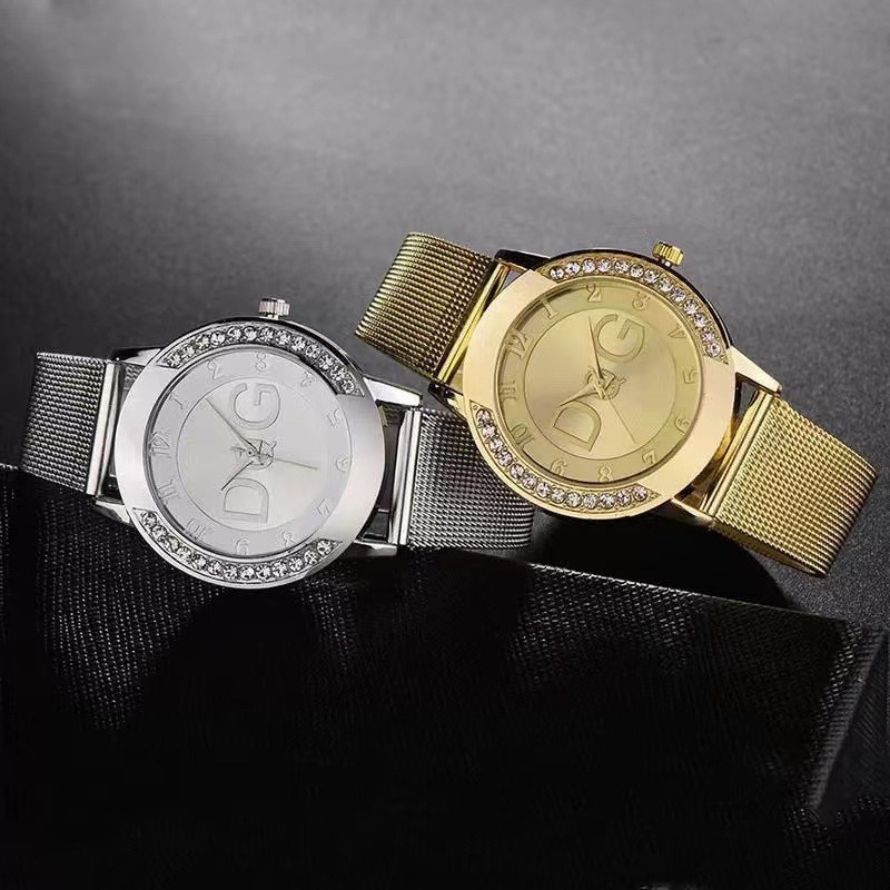 Γυναικείο ρολόι Quartz με εξωτερικό δαχτυλίδι διπλού διαμαντιού, καντράν με υφή άμμου διαμαντιού και μεταλλικό πλέγμα από ανοξείδωτο ατσάλι