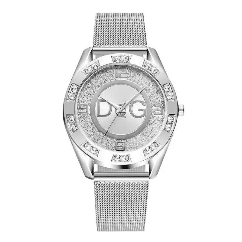 Γυναικείο ρολόι Quartz με εξωτερικό δαχτυλίδι διπλού διαμαντιού, καντράν με υφή άμμου διαμαντιού και μεταλλικό πλέγμα από ανοξείδωτο ατσάλι