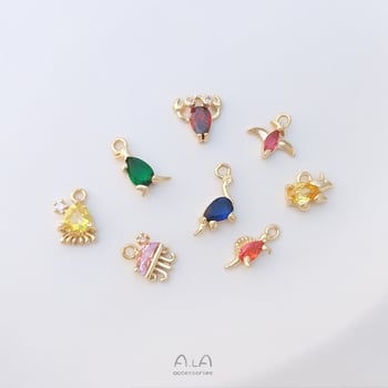 Μενταγιόν επιχρυσωμένο 14K με πολύχρωμα ζιρκόνια — Δεινοσαύρος και θαλάσσια ζωή (μέδουσα, χταπόδι) – μικρό DIY κόσμημα