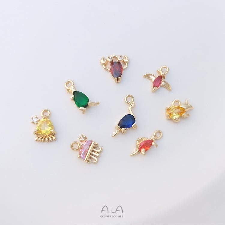 Μενταγιόν επιχρυσωμένο 14K με πολύχρωμα ζιρκόνια — Δεινοσαύρος και θαλάσσια ζωή (μέδουσα, χταπόδι) – μικρό DIY κόσμημα