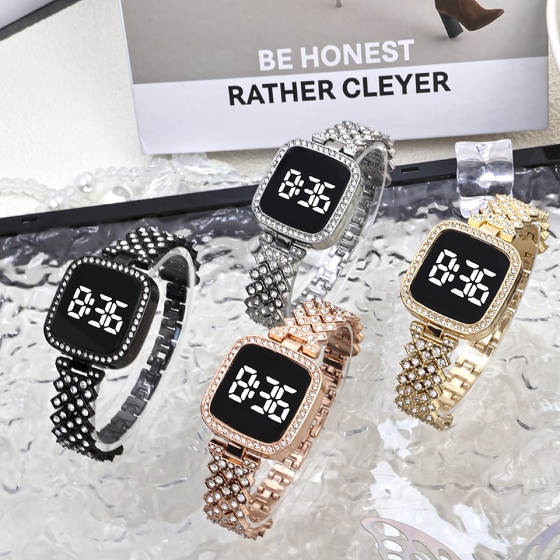 Ceas dama dreptunghiular LED cu inserție de diamant, ecran tactil, carcasă din aliaj, stil minimalist