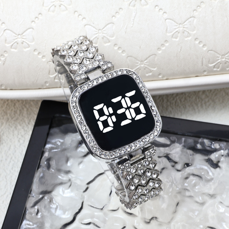 Ceas dama dreptunghiular LED cu inserție de diamant, ecran tactil, carcasă din aliaj, stil minimalist