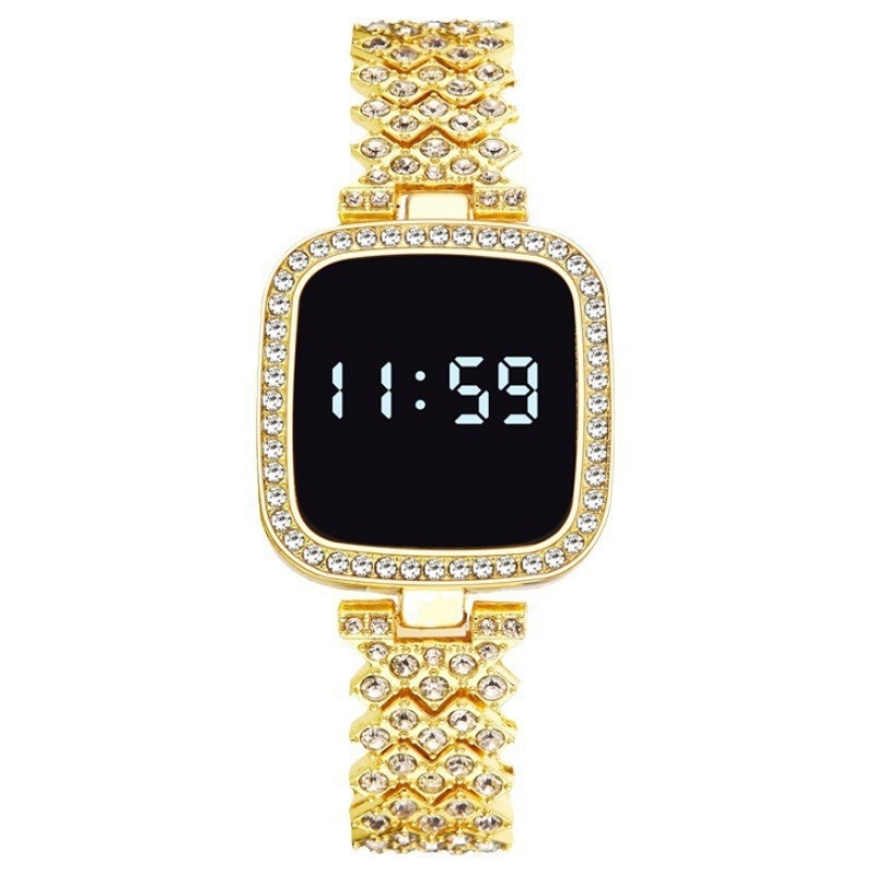Ceas dama dreptunghiular LED cu inserție de diamant, ecran tactil, carcasă din aliaj, stil minimalist