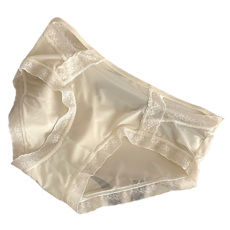 Γυναικείο εσώρουχο από ice silk με δαντέλα, λεπτό καλοκαιρινό σχέδιο, αντιβακτηριακή επένδυση από βαμβάκι, μεσαία μέση, μεγάλο μέγεθος