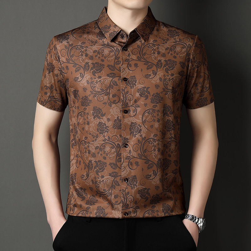 Ανδρικό καλοκαιρινό πουκάμισο με μείγμα μεταξιού μουριάς, κοντό μανίκι, επαγγελματικό-casual, φλοράλ εκτύπωση, χωρίς σιδέρωμα, ελαστικό, δροσερή αίσθηση