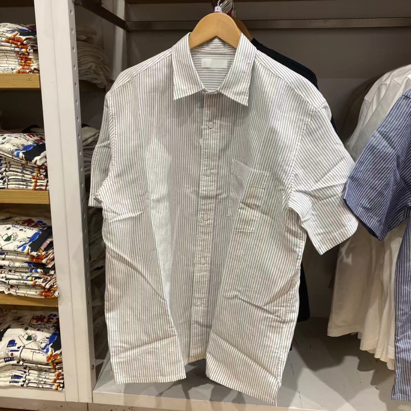 Unisex ριγέ πουκάμισο από λινό-βαμβάκι, κοντό μανίκι, όρθιος γιακά
