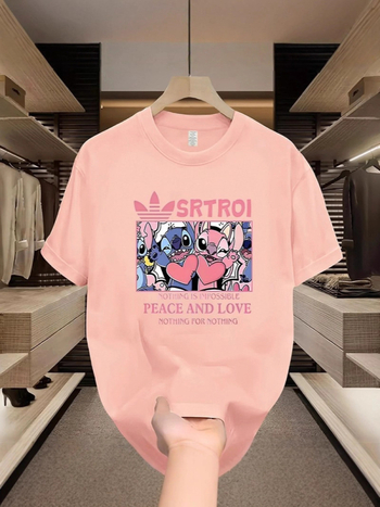 Μπλούζα Stitch με εκτύπωση καρτούν, ύφασμα από βαμβάκι, κοντό μανίκι, στρογγυλός λαιμός, unisex, για καλοκαίρι.