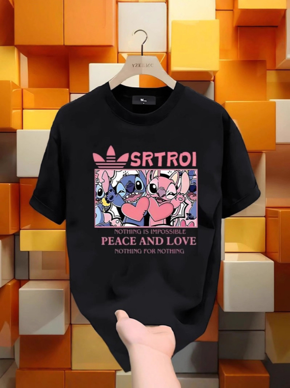 Μπλούζα Stitch με εκτύπωση καρτούν, ύφασμα από βαμβάκι, κοντό μανίκι, στρογγυλός λαιμός, unisex, για καλοκαίρι.