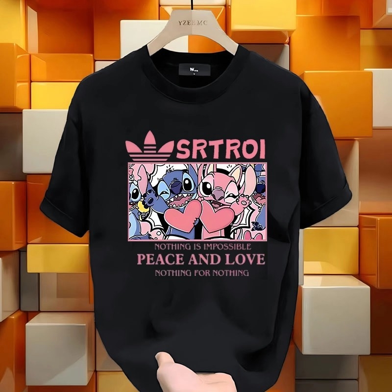 Μπλούζα Stitch με εκτύπωση καρτούν, ύφασμα από βαμβάκι, κοντό μανίκι, στρογγυλός λαιμός, unisex, για καλοκαίρι.