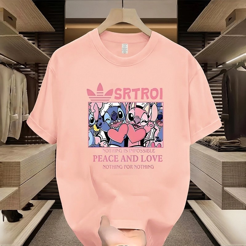 Μπλούζα Stitch με εκτύπωση καρτούν, ύφασμα από βαμβάκι, κοντό μανίκι, στρογγυλός λαιμός, unisex, για καλοκαίρι.