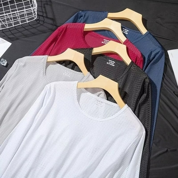 Άσπρο μακρυμάνικο T‑shirt για άνδρες από ice silk, λεπτό, αναπνεύσιμο, γρήγορο στέγνωμα, για καλοκαίρι και φθινόπωρο
