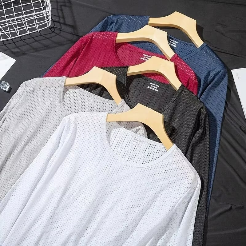 Άσπρο μακρυμάνικο T‑shirt για άνδρες από ice silk, λεπτό, αναπνεύσιμο, γρήγορο στέγνωμα, για καλοκαίρι και φθινόπωρο