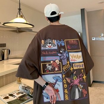 Ανδρική κοντομάνικη T‑shirt με εκτύπωση γάτας και ποντικού, βαμβακερή, βαριάς ποιότητας, στρογγυλή λαιμόκοψη, μεγάλο μέγεθος, καλοκαίρι
