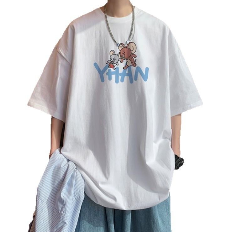 Ανδρική κοντομάνικη T‑shirt με εκτύπωση γάτας και ποντικού, βαμβακερή, βαριάς ποιότητας, στρογγυλή λαιμόκοψη, μεγάλο μέγεθος, καλοκαίρι