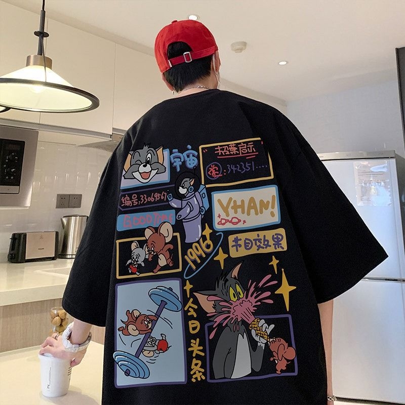Ανδρική κοντομάνικη T‑shirt με εκτύπωση γάτας και ποντικού, βαμβακερή, βαριάς ποιότητας, στρογγυλή λαιμόκοψη, μεγάλο μέγεθος, καλοκαίρι