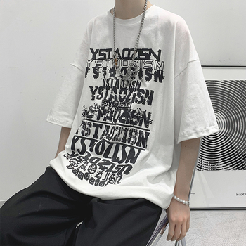 Ανδρική μαύρη κοντομάνικη μπλούζα σε στυλ streetwear, χαλαρή γραμμή, στρογγυλός λαιμός, καλοκαιρινή εκτύπωση με καρτούν και χιπ-χοπ