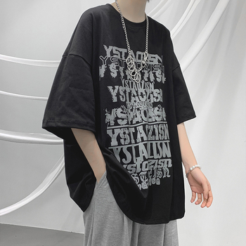 Ανδρική μαύρη κοντομάνικη μπλούζα σε στυλ streetwear, χαλαρή γραμμή, στρογγυλός λαιμός, καλοκαιρινή εκτύπωση με καρτούν και χιπ-χοπ
