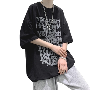 Ανδρική μαύρη κοντομάνικη μπλούζα σε στυλ streetwear, χαλαρή γραμμή, στρογγυλός λαιμός, καλοκαιρινή εκτύπωση με καρτούν και χιπ-χοπ