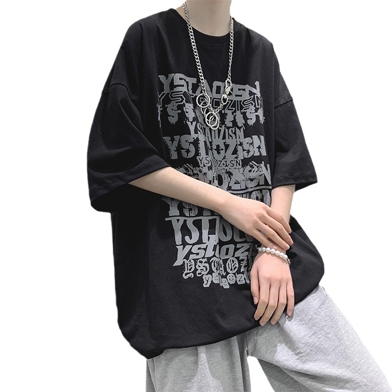 Ανδρική μαύρη κοντομάνικη μπλούζα σε στυλ streetwear, χαλαρή γραμμή, στρογγυλός λαιμός, καλοκαιρινή εκτύπωση με καρτούν και χιπ-χοπ