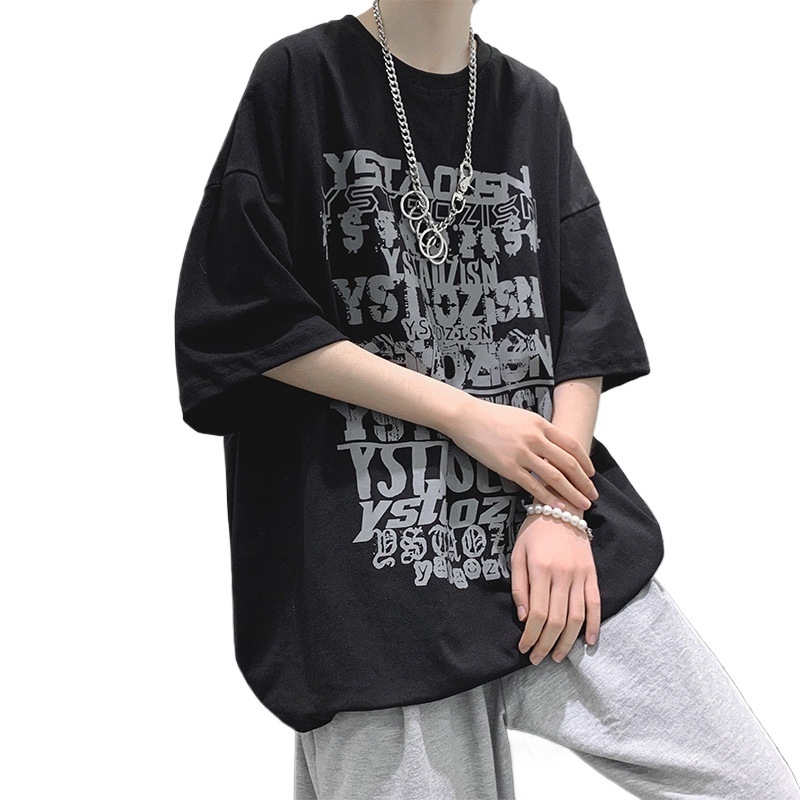 Ανδρική μαύρη κοντομάνικη μπλούζα σε στυλ streetwear, χαλαρή γραμμή, στρογγυλός λαιμός, καλοκαιρινή εκτύπωση με καρτούν και χιπ-χοπ