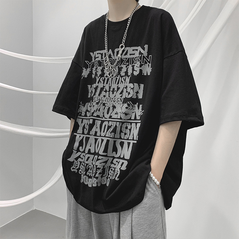 Ανδρική μαύρη κοντομάνικη μπλούζα σε στυλ streetwear, χαλαρή γραμμή, στρογγυλός λαιμός, καλοκαιρινή εκτύπωση με καρτούν και χιπ-χοπ