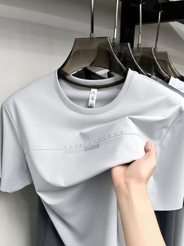 Αντρικό T-Shirt με κοντό μανίκι και στρογυλό λαιμόκοψη, ice silk, καλοκαίρι 2026, διαπνέουσα από νάιλον-σπαντέξ