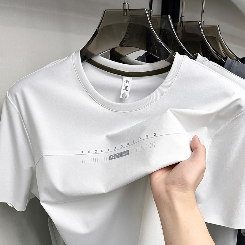 Αντρικό T-Shirt με κοντό μανίκι και στρογυλό λαιμόκοψη, ice silk, καλοκαίρι 2026, διαπνέουσα από νάιλον-σπαντέξ