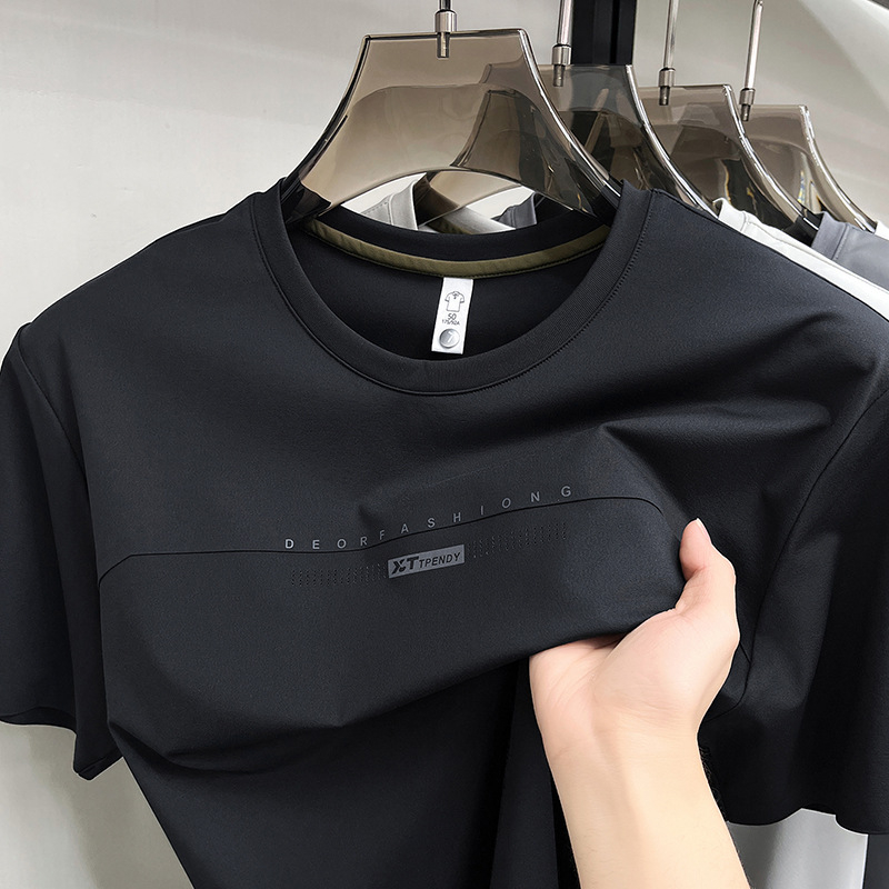Αντρικό T-Shirt με κοντό μανίκι και στρογυλό λαιμόκοψη, ice silk, καλοκαίρι 2026, διαπνέουσα από νάιλον-σπαντέξ