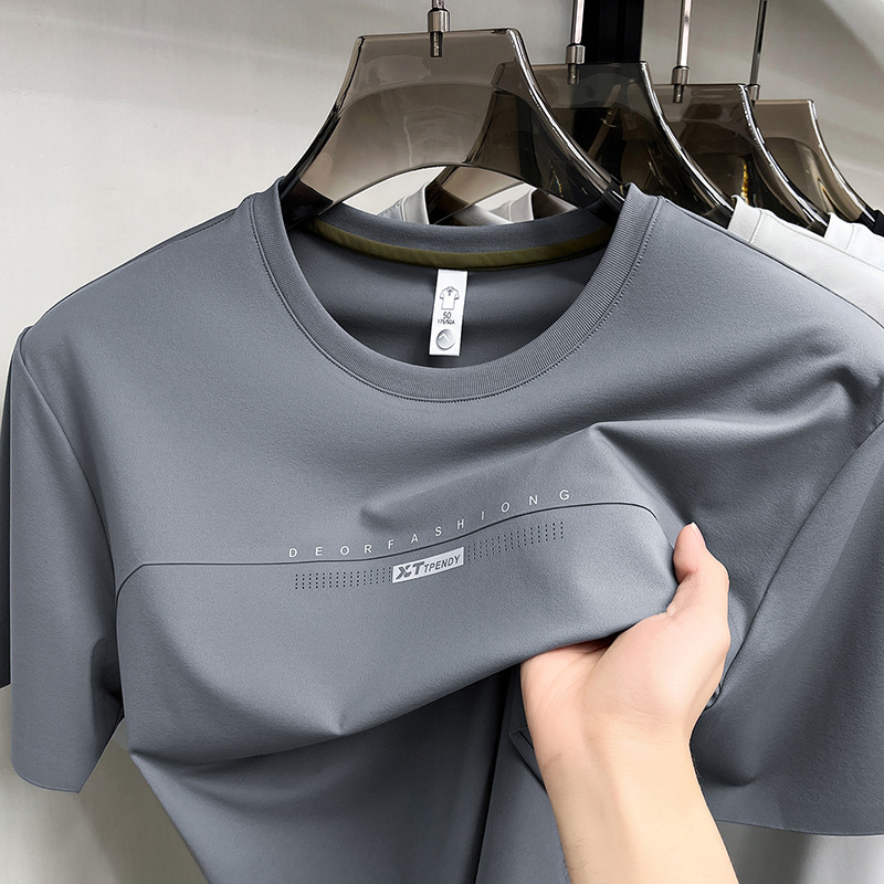 Αντρικό T-Shirt με κοντό μανίκι και στρογυλό λαιμόκοψη, ice silk, καλοκαίρι 2026, διαπνέουσα από νάιλον-σπαντέξ