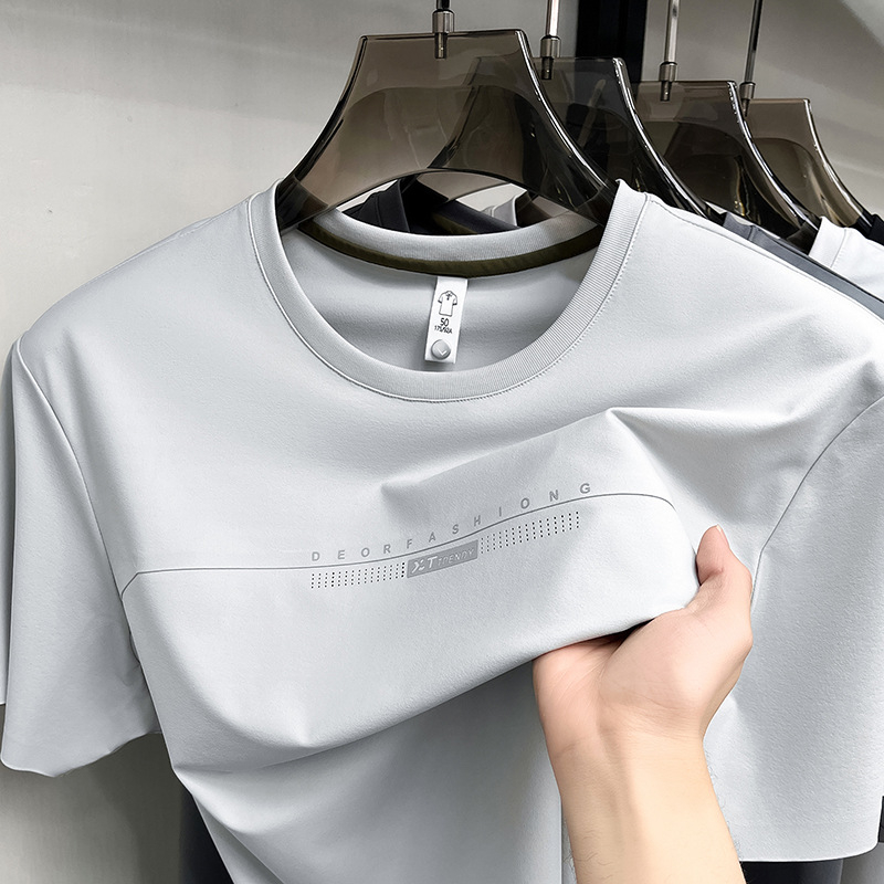 Αντρικό T-Shirt με κοντό μανίκι και στρογυλό λαιμόκοψη, ice silk, καλοκαίρι 2026, διαπνέουσα από νάιλον-σπαντέξ
