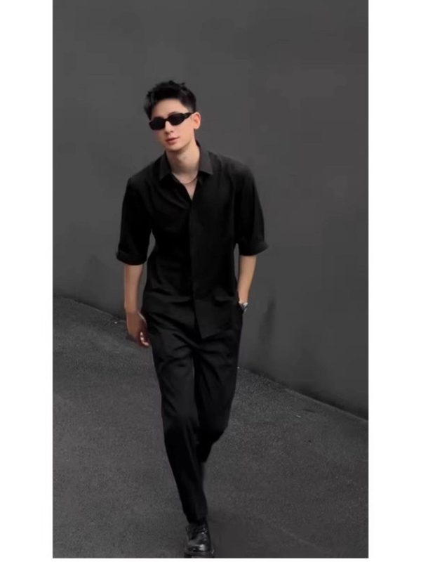 Μαύρο ανδρικό κοντόμανικο πουκάμισο από ice-silk, καλοκαιρινό σετ ντυσίματος με υψηλής ποιότητας εμφάνιση, DK πουκάμισο και παντελόνες με drape