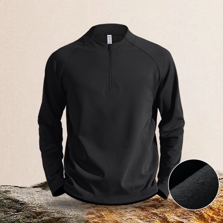 Ανδρικό T‑shirt με λαιμό στάντ και μισό φερμουάρ, λεπτή σύνθεση, μακριά μανίκια, ελαφρύ πολυεστέρας