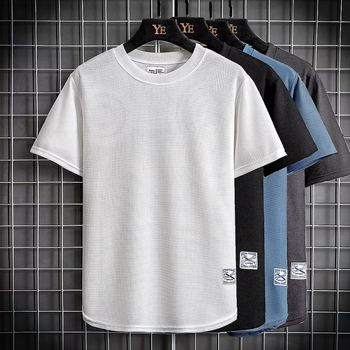 Ανδρικό T‑shirt Ice Silk με υφή βάφλ, κοντά μανίκια, χαλαρή γραμμή, μονόχρωμο, crew neck, για καλοκαίρι