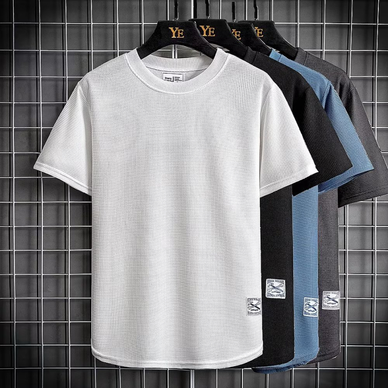 Ανδρικό T‑shirt Ice Silk με υφή βάφλ, κοντά μανίκια, χαλαρή γραμμή, μονόχρωμο, crew neck, για καλοκαίρι