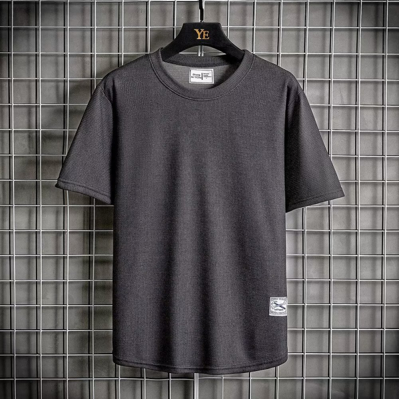 Ανδρικό T‑shirt Ice Silk με υφή βάφλ, κοντά μανίκια, χαλαρή γραμμή, μονόχρωμο, crew neck, για καλοκαίρι