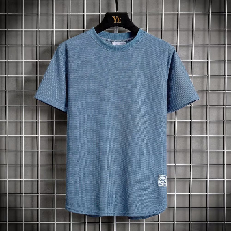 Ανδρικό T‑shirt Ice Silk με υφή βάφλ, κοντά μανίκια, χαλαρή γραμμή, μονόχρωμο, crew neck, για καλοκαίρι