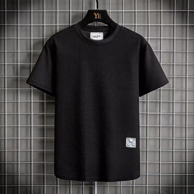 Ανδρικό T‑shirt Ice Silk με υφή βάφλ, κοντά μανίκια, χαλαρή γραμμή, μονόχρωμο, crew neck, για καλοκαίρι