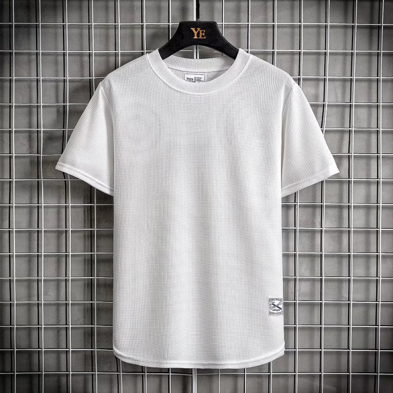 Ανδρικό T‑shirt Ice Silk με υφή βάφλ, κοντά μανίκια, χαλαρή γραμμή, μονόχρωμο, crew neck, για καλοκαίρι