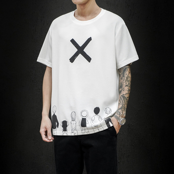 Ανδρικό κοντομάνικο T‑shirt σε ιαπωνικό streetwear στυλ, χαλαρή γραμμή, μεγάλο μέγεθος, γραφικό τύπωμα