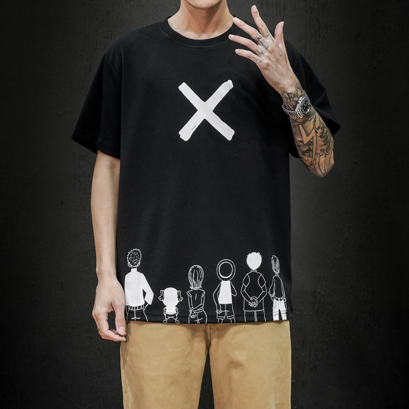 Ανδρικό κοντομάνικο T‑shirt σε ιαπωνικό streetwear στυλ, χαλαρή γραμμή, μεγάλο μέγεθος, γραφικό τύπωμα