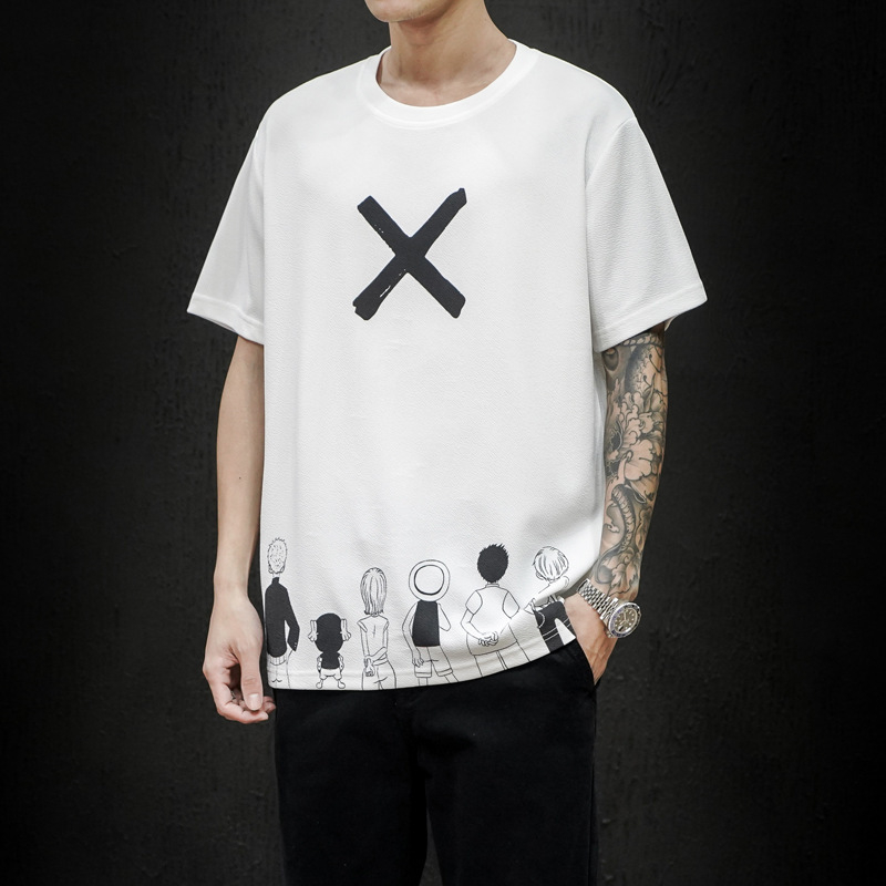 Ανδρικό κοντομάνικο T‑shirt σε ιαπωνικό streetwear στυλ, χαλαρή γραμμή, μεγάλο μέγεθος, γραφικό τύπωμα