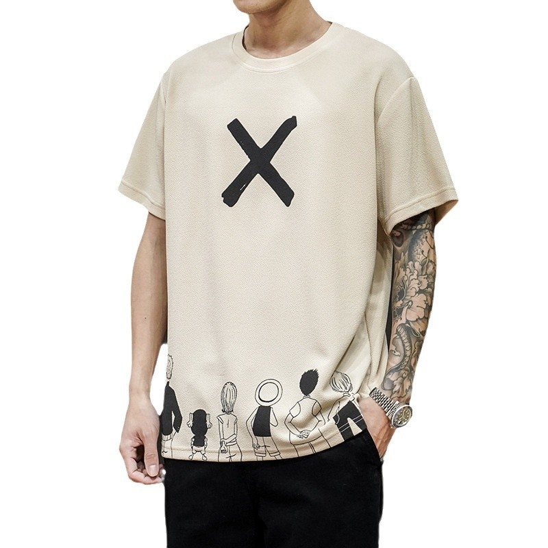 Ανδρικό κοντομάνικο T‑shirt σε ιαπωνικό streetwear στυλ, χαλαρή γραμμή, μεγάλο μέγεθος, γραφικό τύπωμα