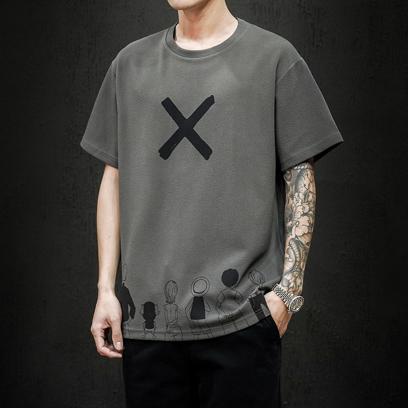 Ανδρικό κοντομάνικο T‑shirt σε ιαπωνικό streetwear στυλ, χαλαρή γραμμή, μεγάλο μέγεθος, γραφικό τύπωμα