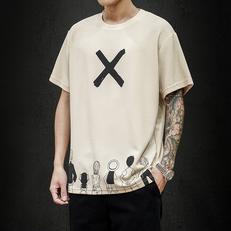 Ανδρικό κοντομάνικο T‑shirt σε ιαπωνικό streetwear στυλ, χαλαρή γραμμή, μεγάλο μέγεθος, γραφικό τύπωμα
