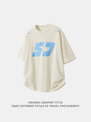 Ανδρικό κοντομάνικο βαμβακερό T-shirt με print color-block, φαρδιά γραμμή, καλοκαιρινό street style